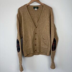 Vtg Orvis Sweater Mens M Tan Cardigan Shetland Wool Tartan Elbow Patch Unisex
